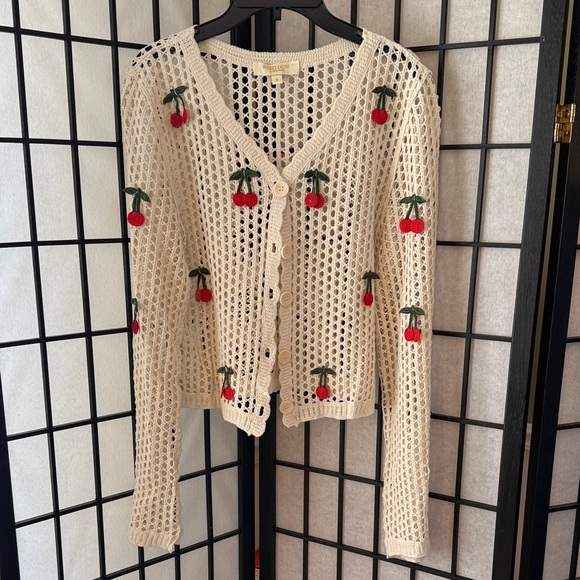 Rebellion Sweaters - Rebellion Cream Crochet Cardigan with Red Cherry Embroidery